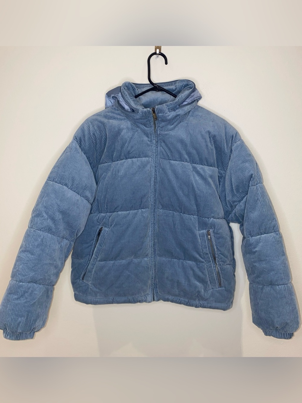 American Eagle Light Blue Corduroy Puffer Jacket Size S Hood Pockets Full Zip